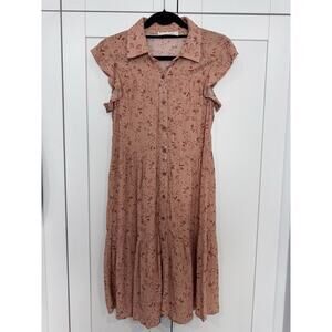 Lucky Brand Floral Midi Dress Button Front Cottagecore Boho Coral Women’s Small